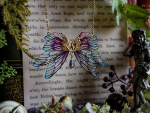 Golden dusk leaf necklace - purple glas