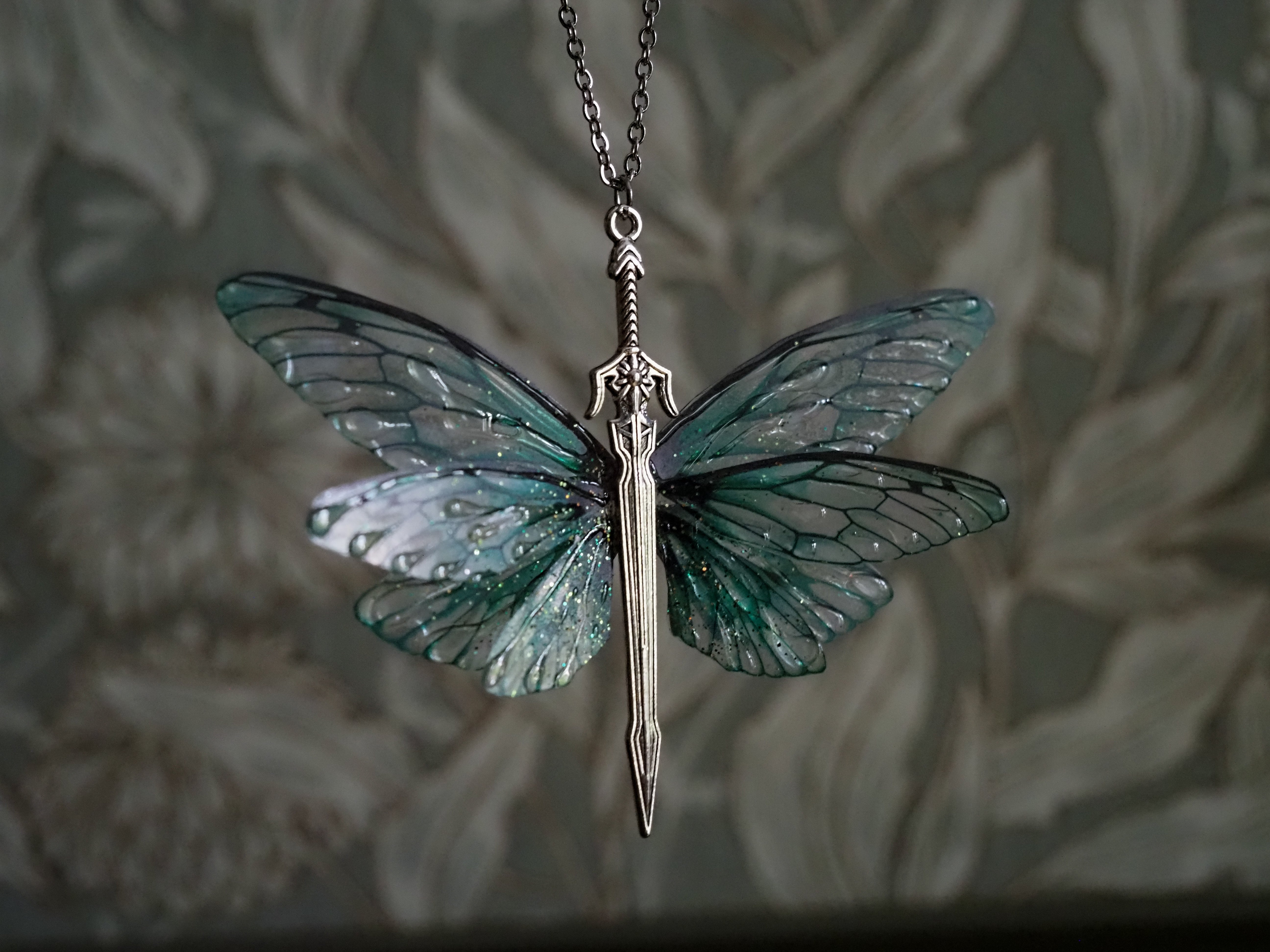 Fairy Sword necklace - emerald, silver