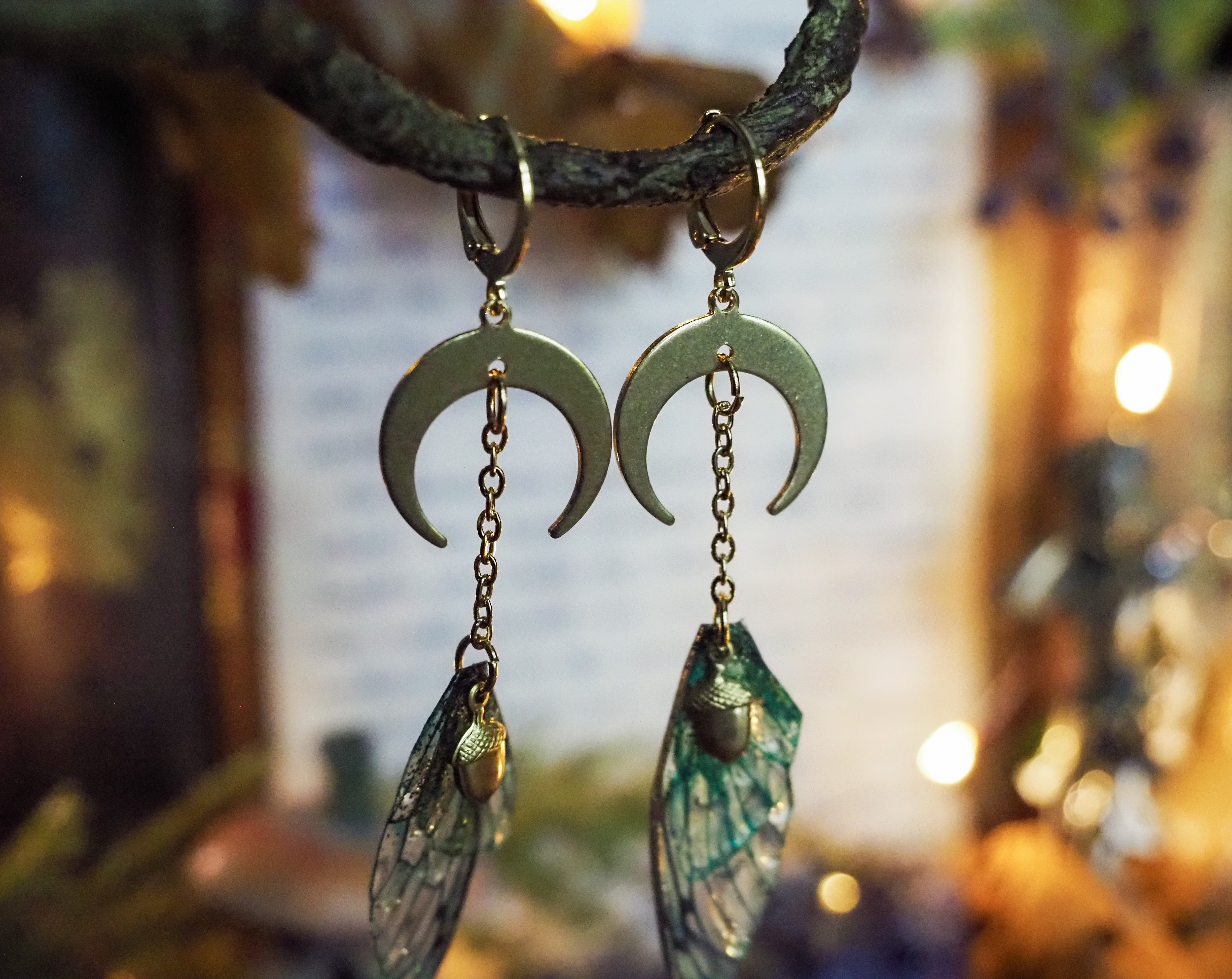 Moon Faerie Earrings emerald acorn