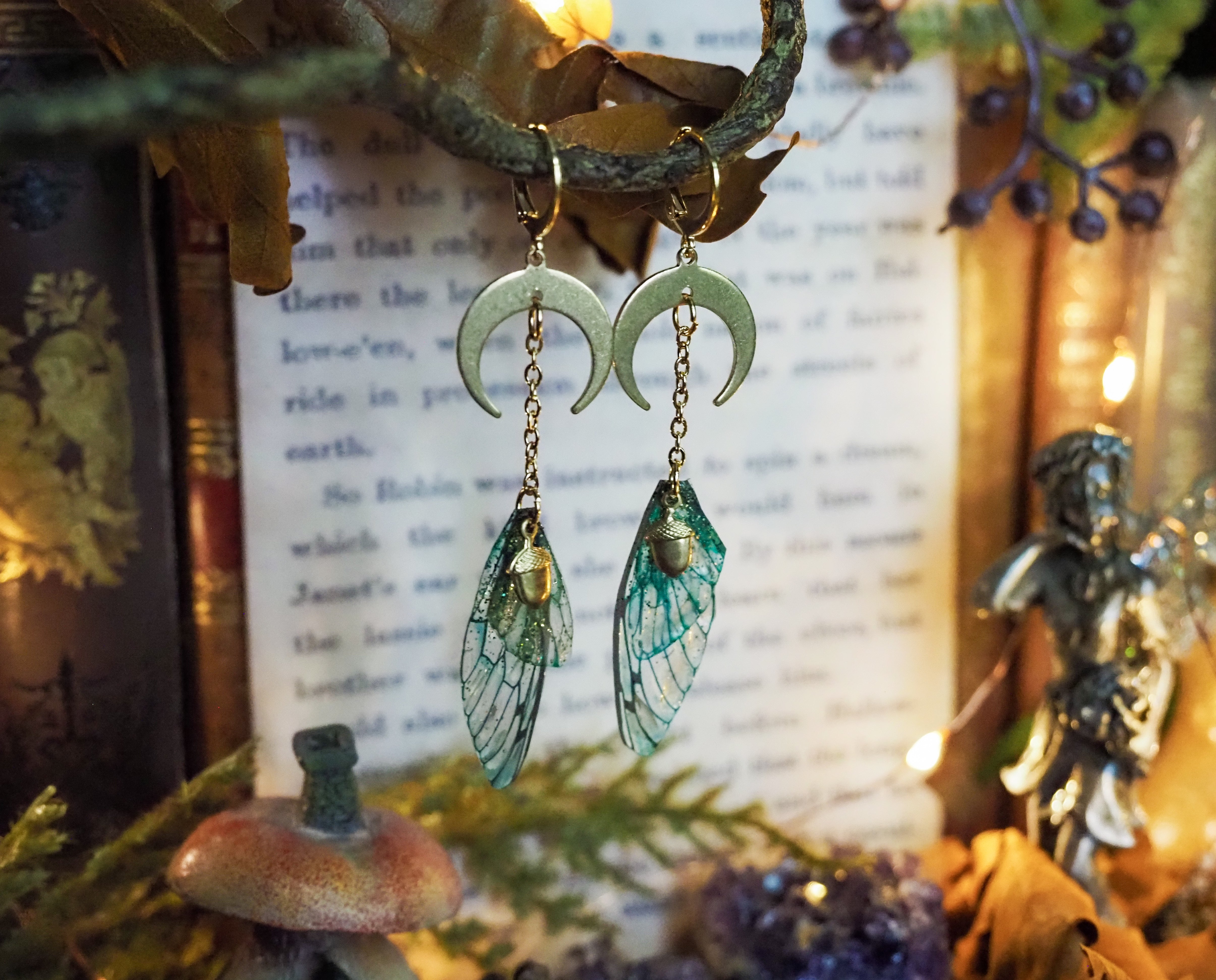 Moon Faerie Earrings emerald acorn