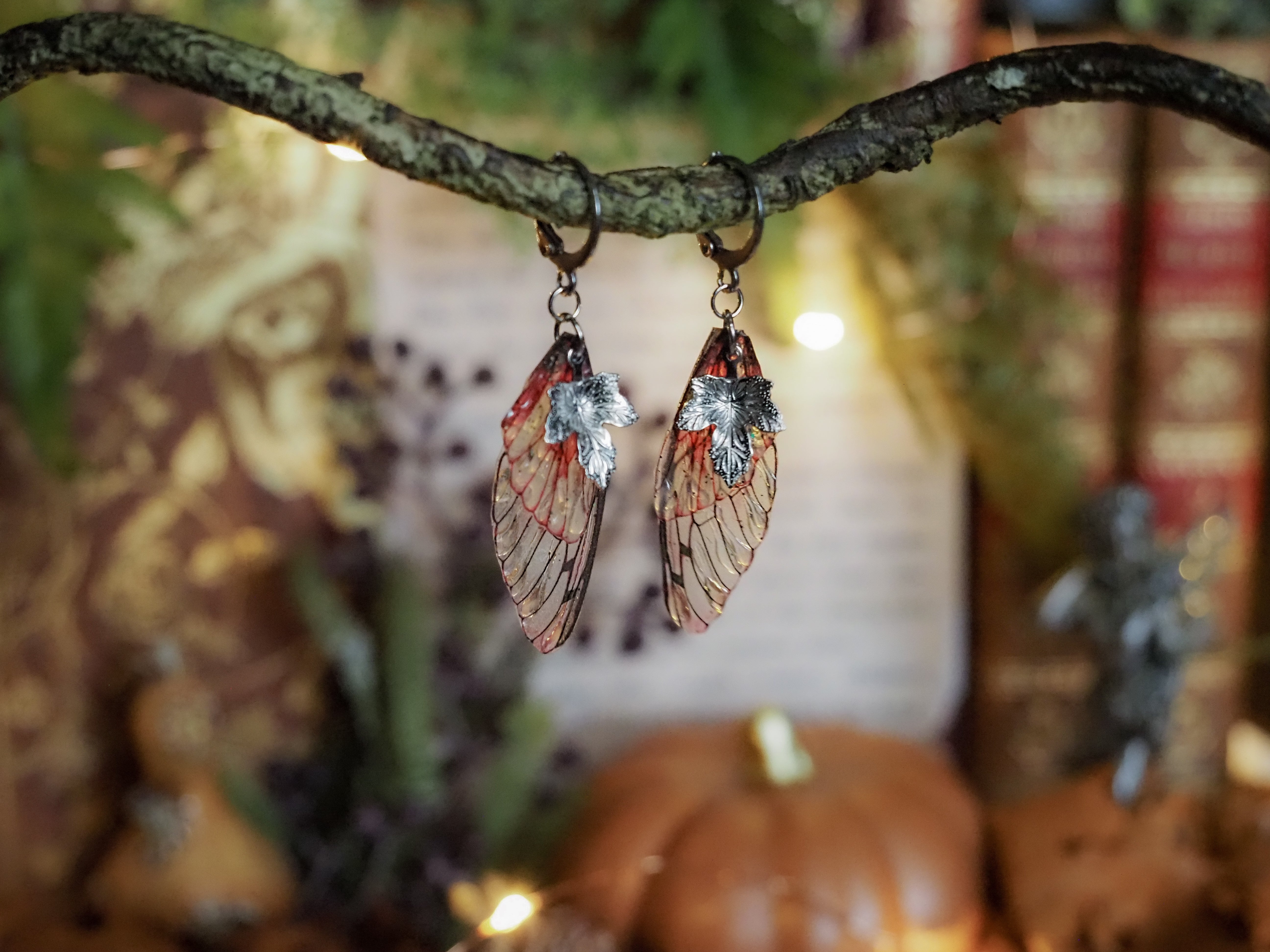Earrings Leaf - silver, red