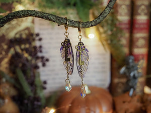 Earrings Swarovski - gold, key, purple