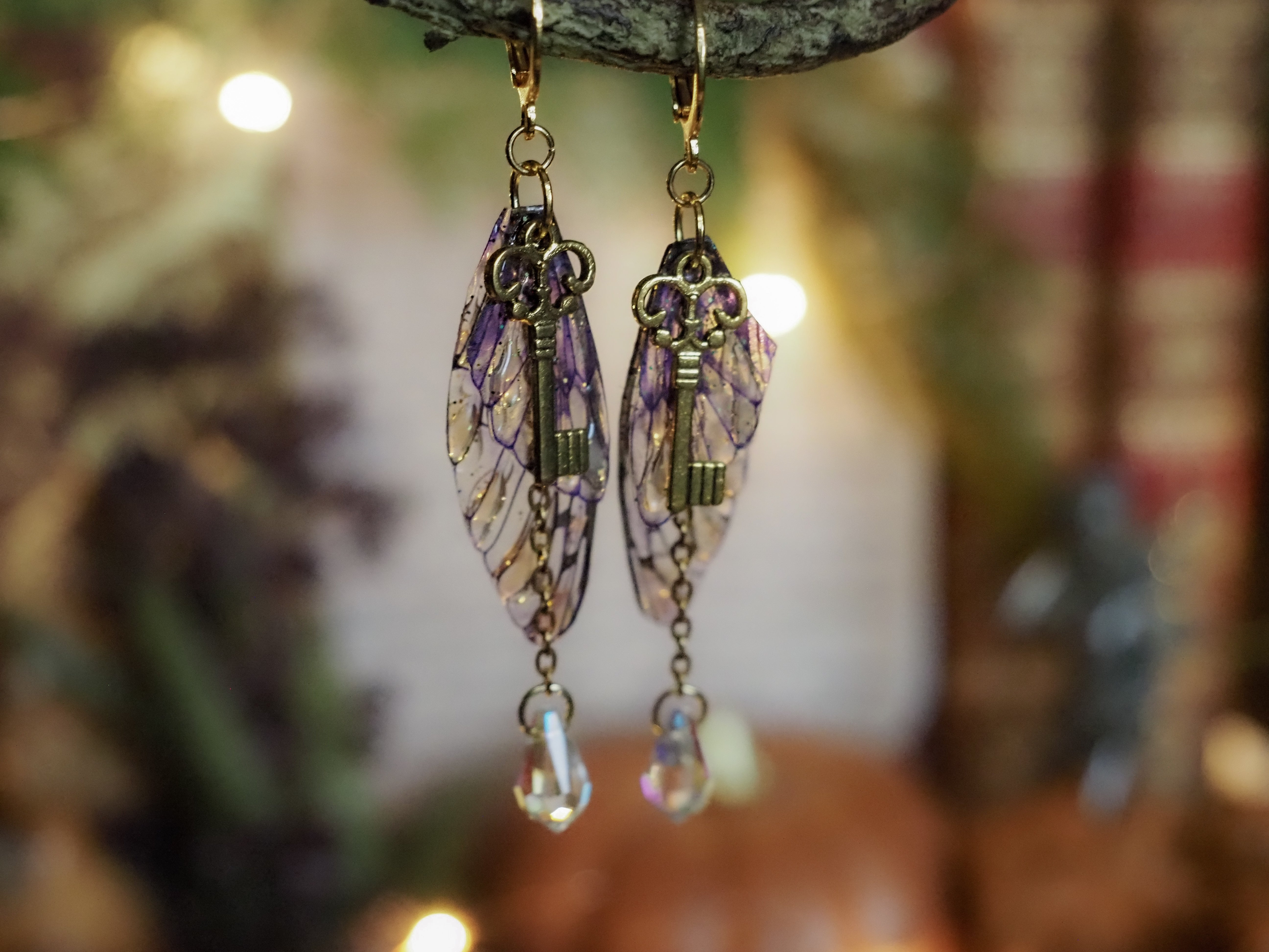 Earrings Swarovski - gold, key, purple