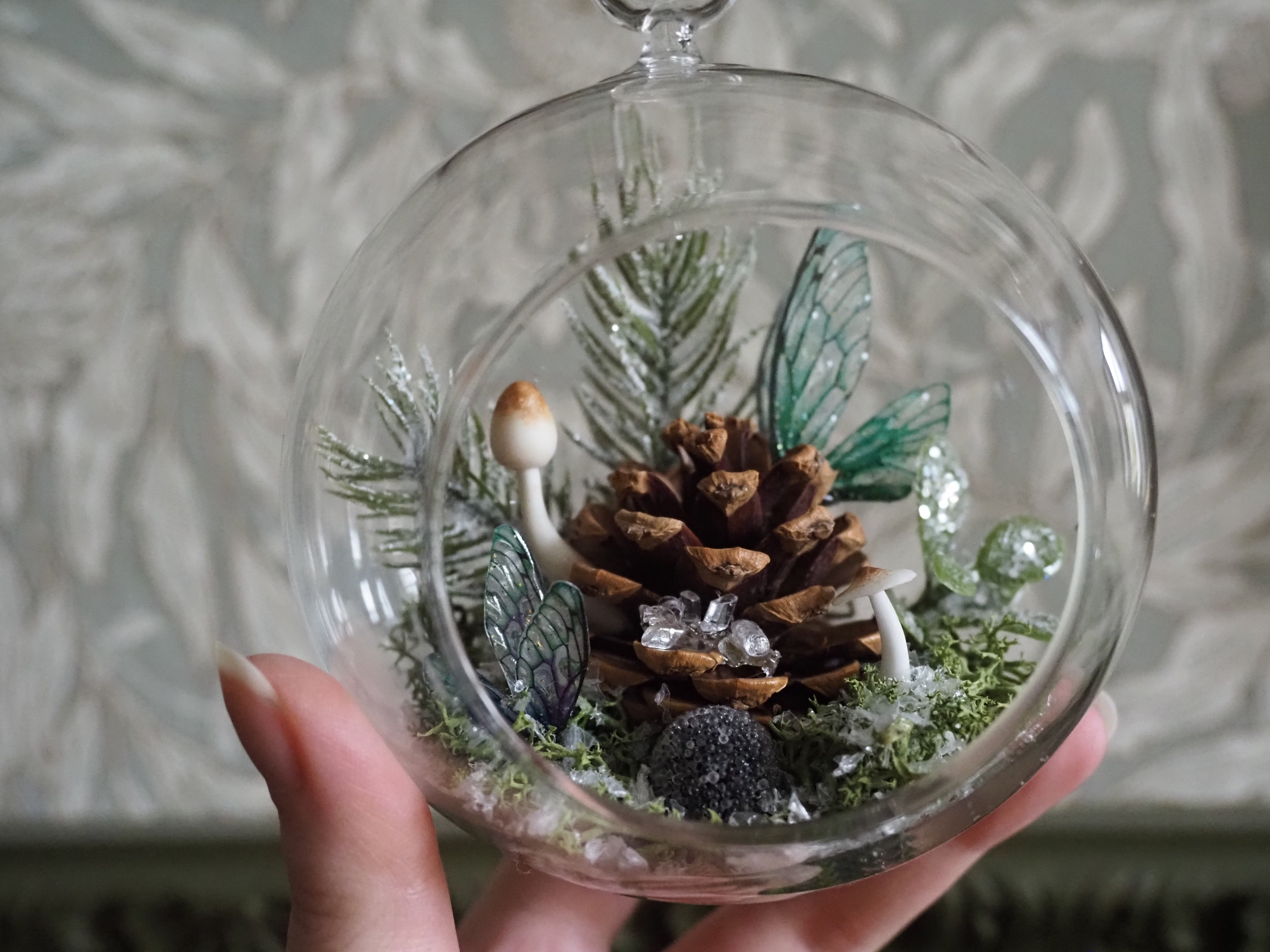 OOAK Pinecone Globe, emerald, snow