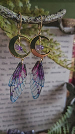 Load and play video in Gallery viewer, Faerie earrings moon and stars gold, purple glas, amethyst
