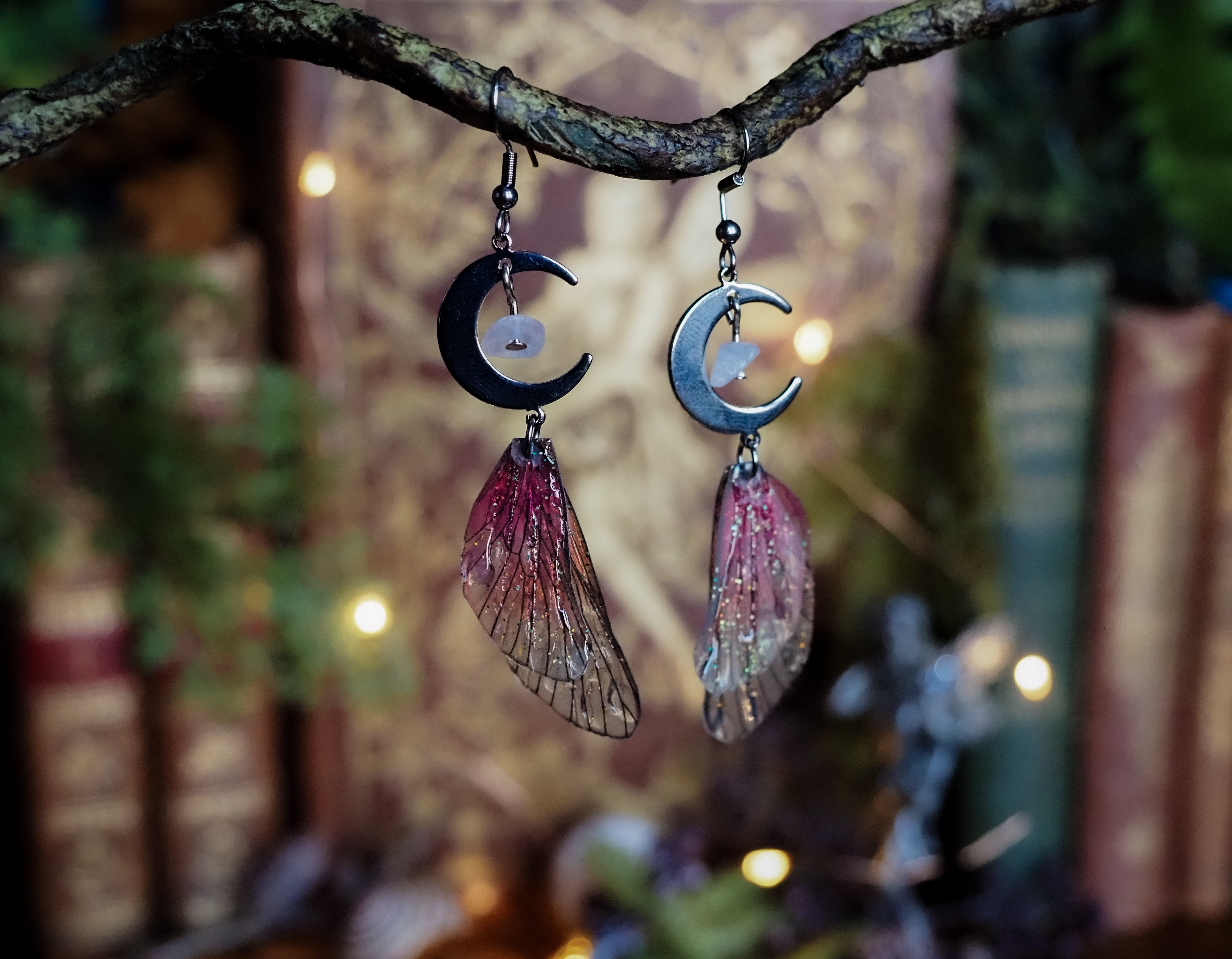 Moon Earrings - pink, silver, moonstone