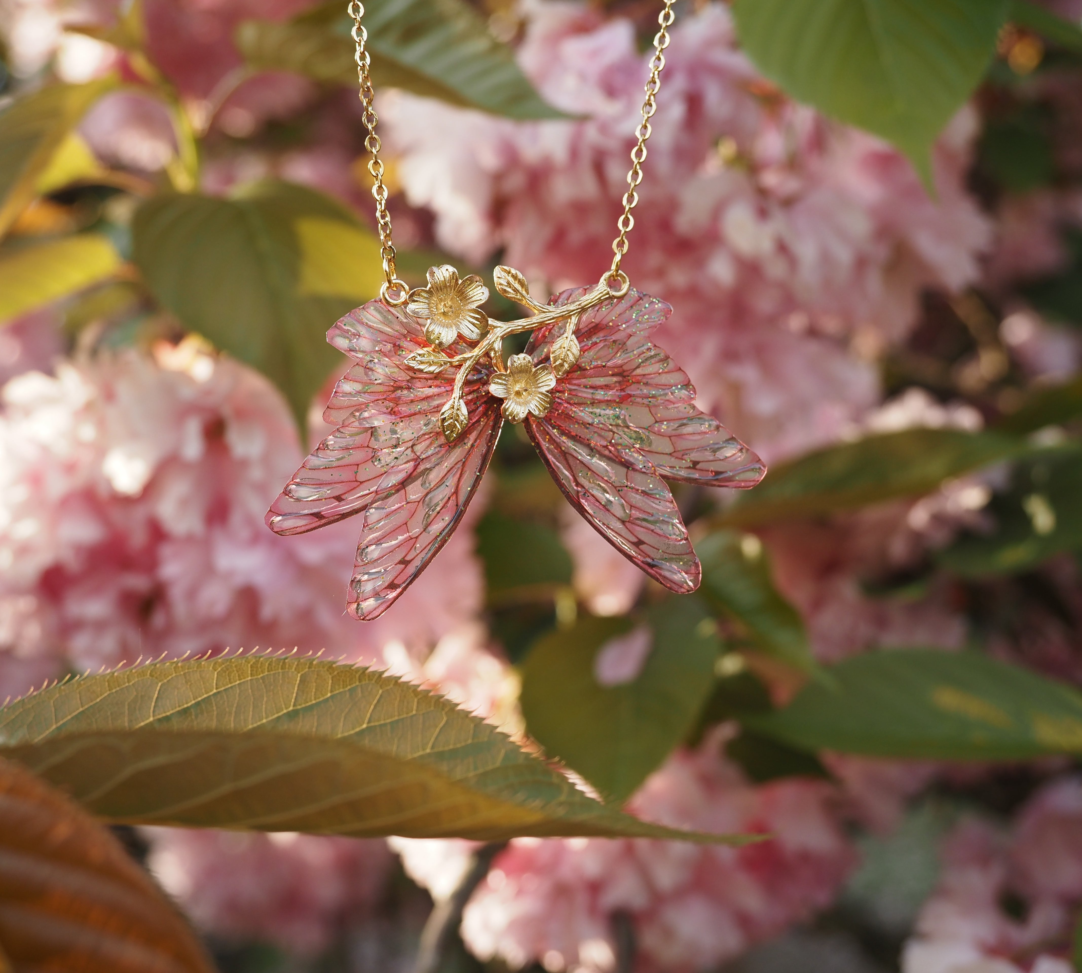 Cherry Blossom necklace pink, gold - made to order