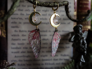 Faerie earrings moon and stars gold, red, rose quartz