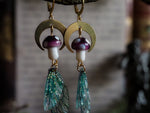 Load image into Gallery viewer, Faerie earrings moon and toadstools gold, emerald
