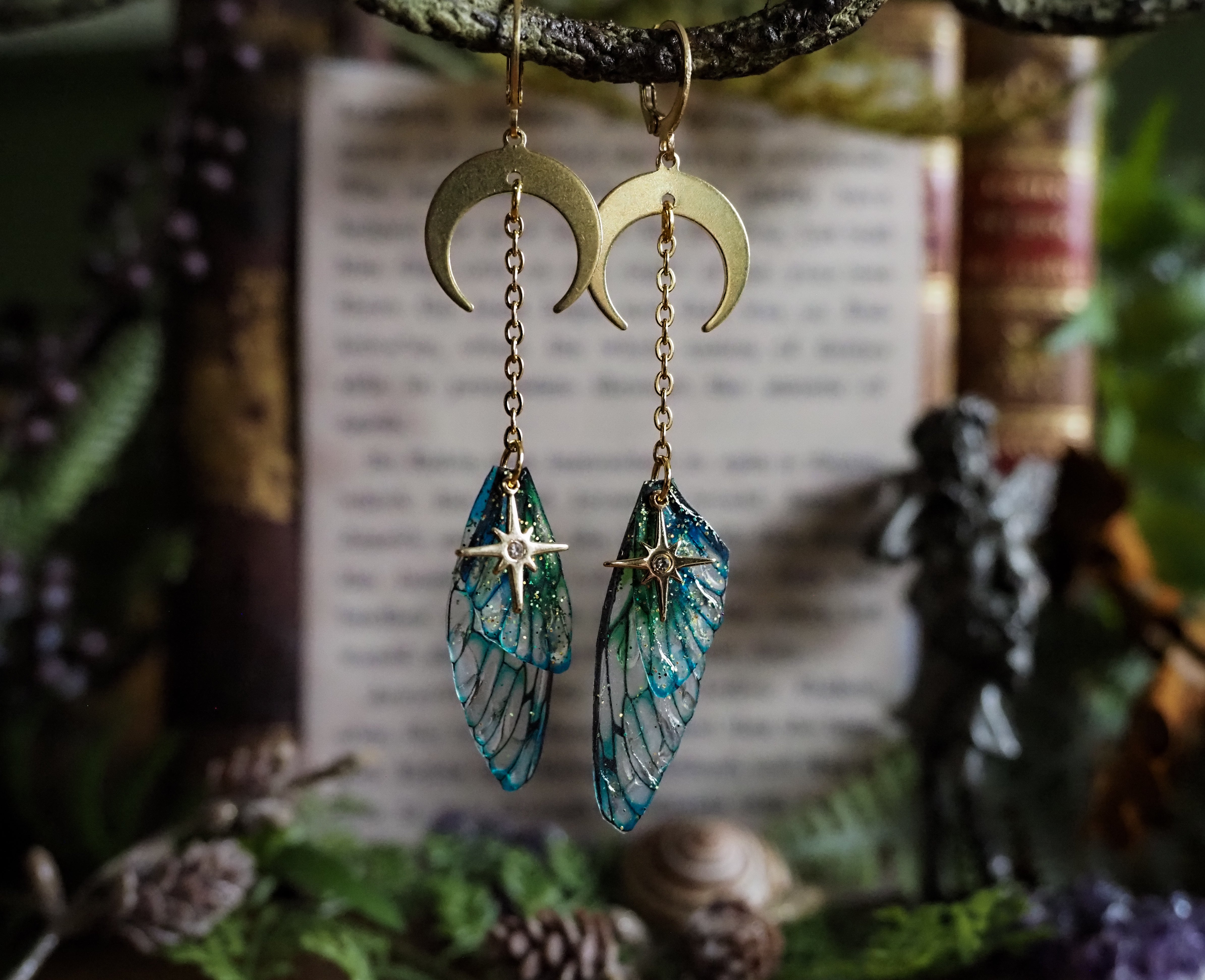 Faerie earrings moon and stars gold blue sea