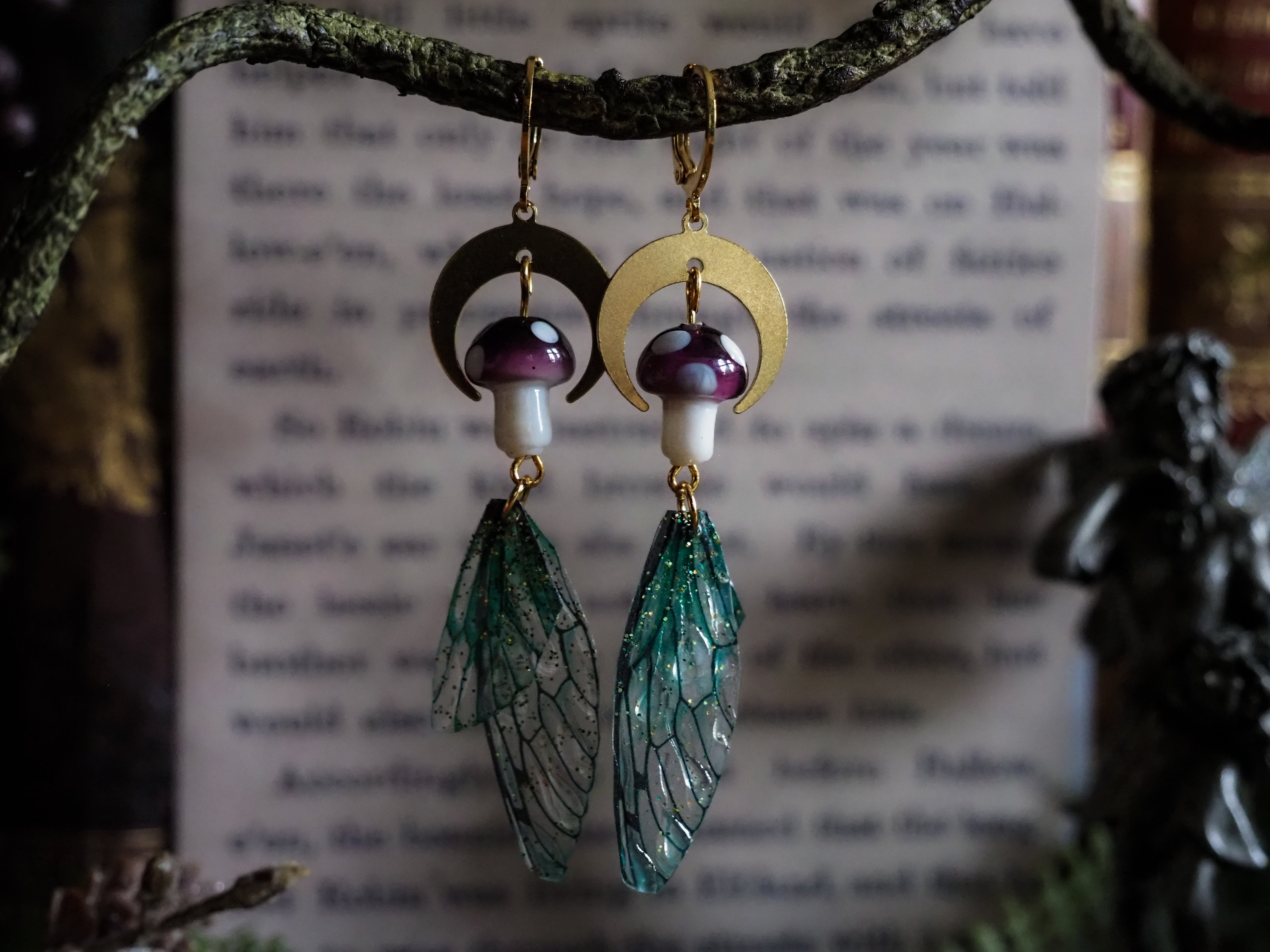 Faerie earrings moon and toadstools gold, emerald