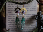 Load image into Gallery viewer, Faerie earrings moon and toadstools gold, emerald
