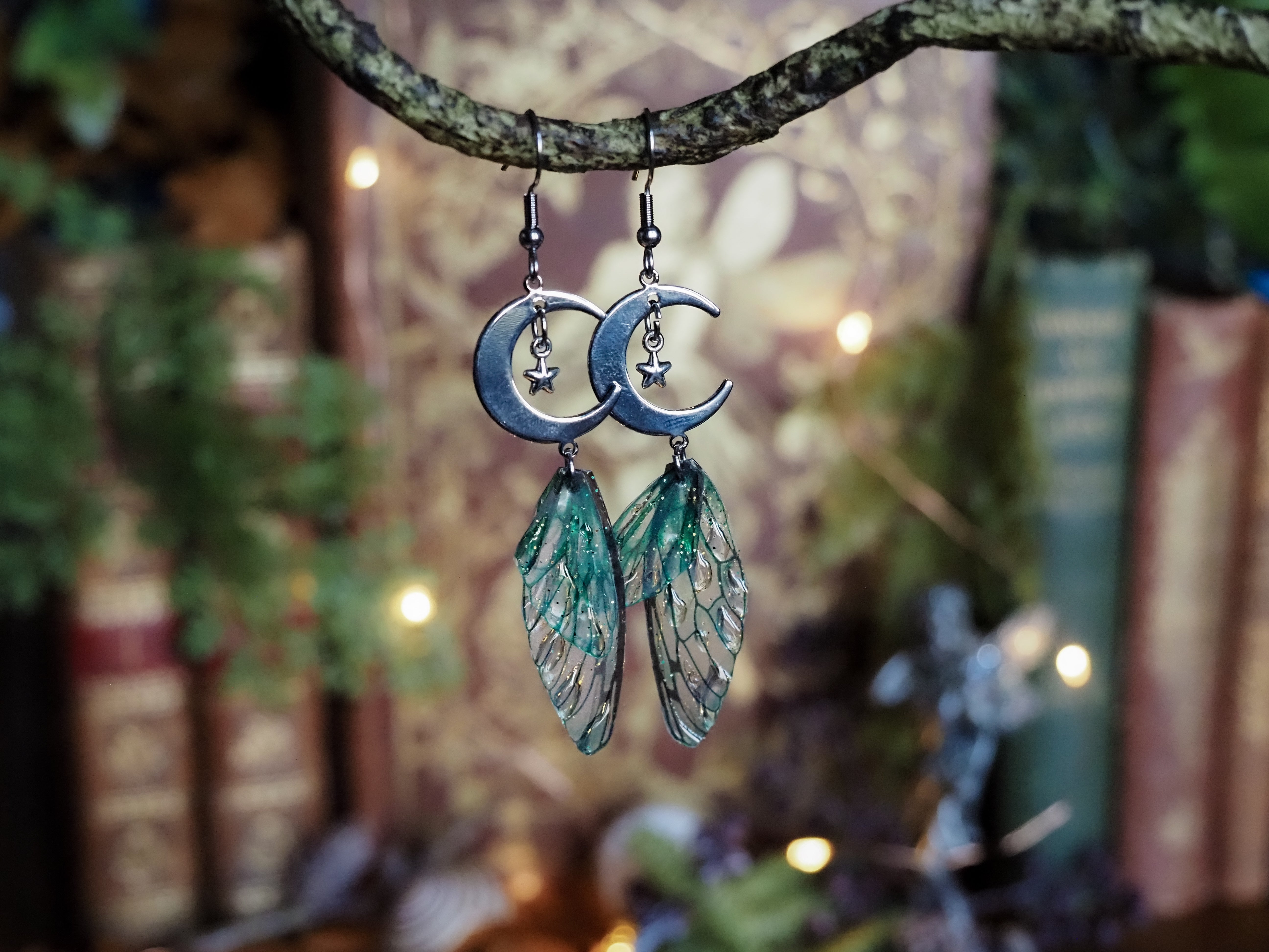 Moon Earrings - emerald, silver, stars