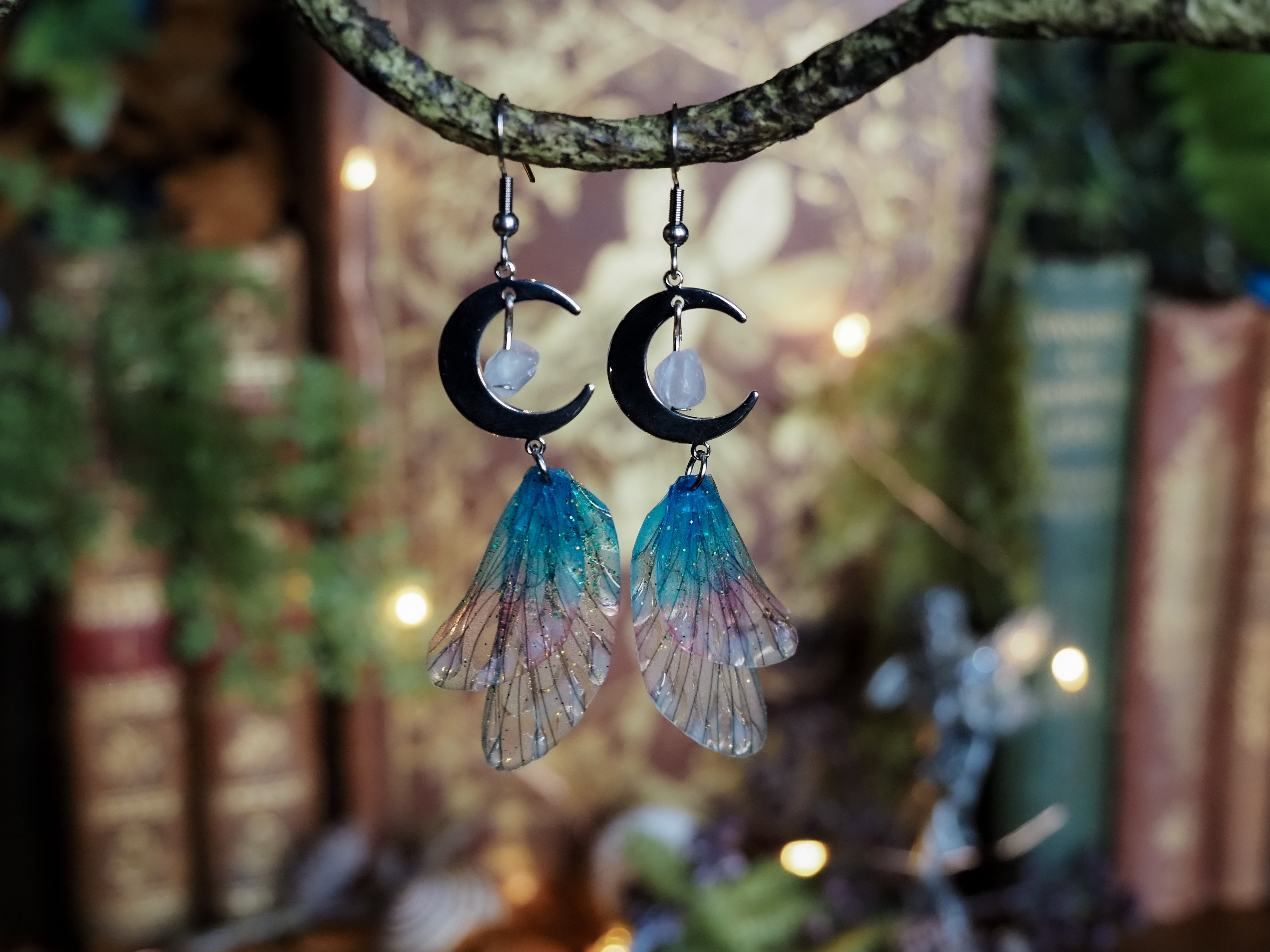 Moon Earrings - pink, blue, silver, moonstone