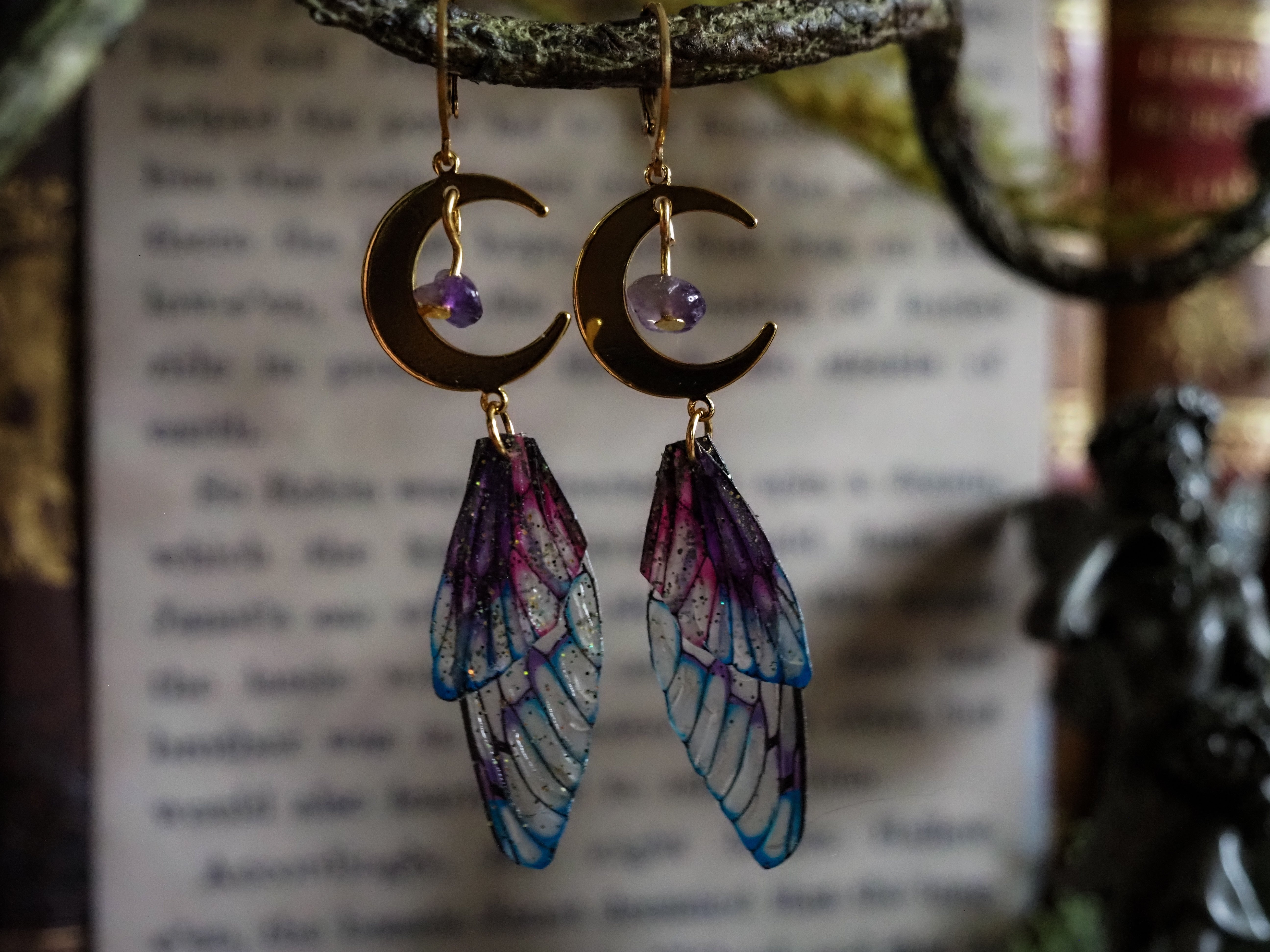 Faerie earrings moon and stars gold, purple glas, amethyst