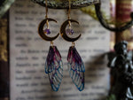 Load image into Gallery viewer, Faerie earrings moon and stars gold, purple glas, amethyst
