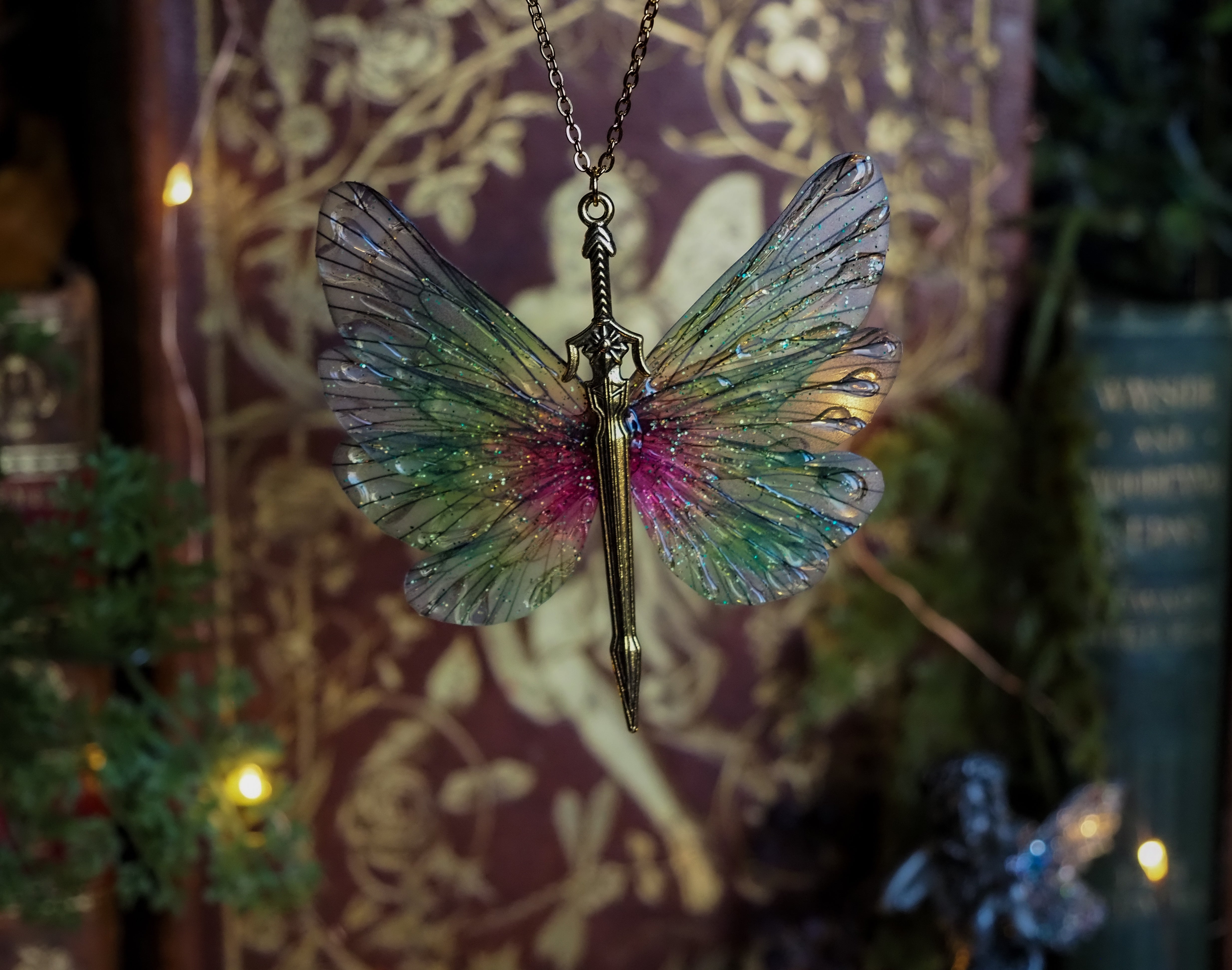 Fae Sword necklace - pink, green, gold