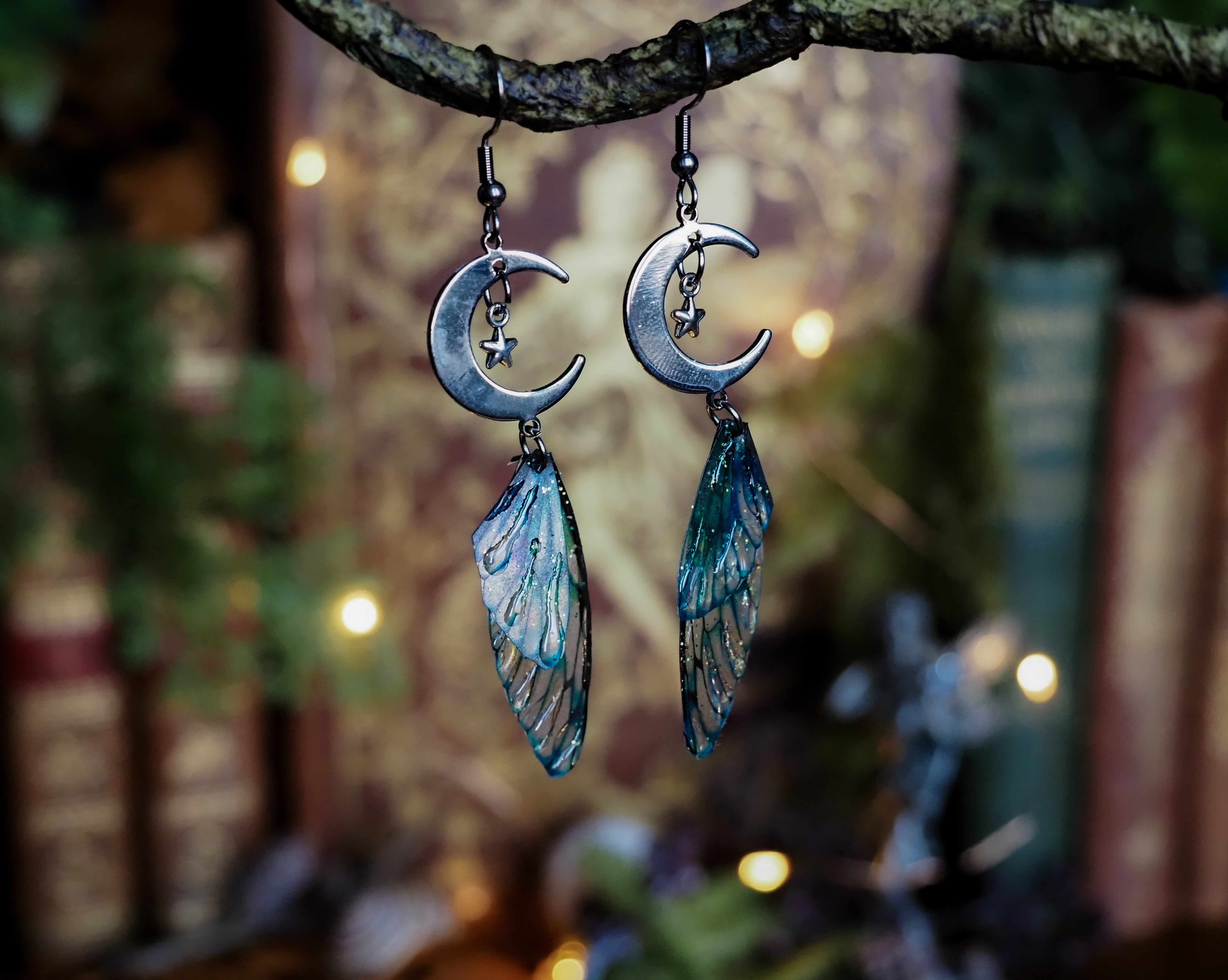 Moon Earrings - blue sea, silver, stars