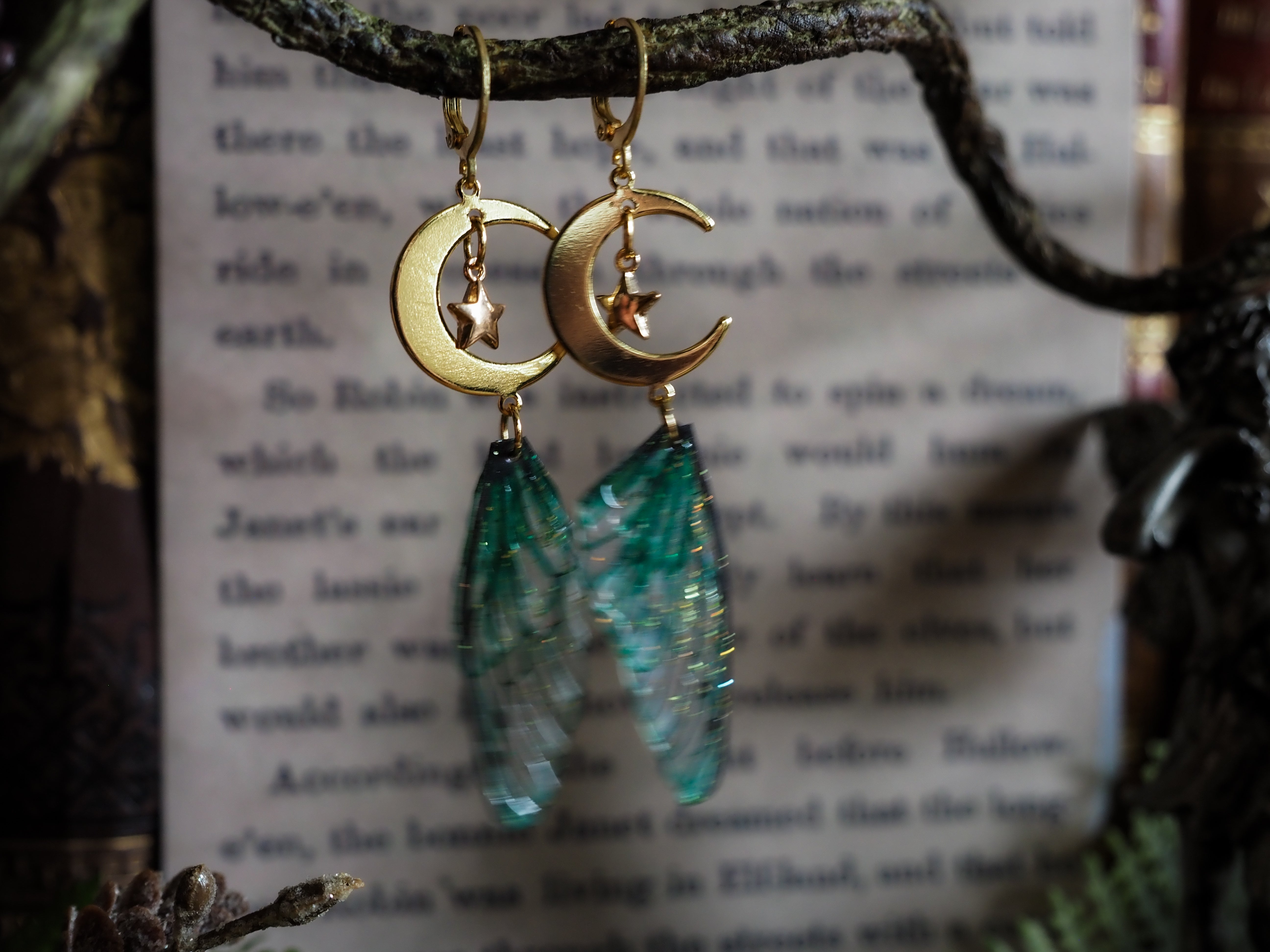 Faerie earrings moon and stars gold emerald