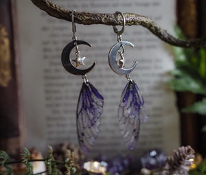 Faerie earrings moon and stars - purple silver