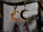 Load image into Gallery viewer, Faerie earrings moon and stars gold, sunrise, rose quartz
