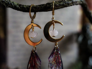 Faerie earrings moon and stars gold, sunrise, rose quartz
