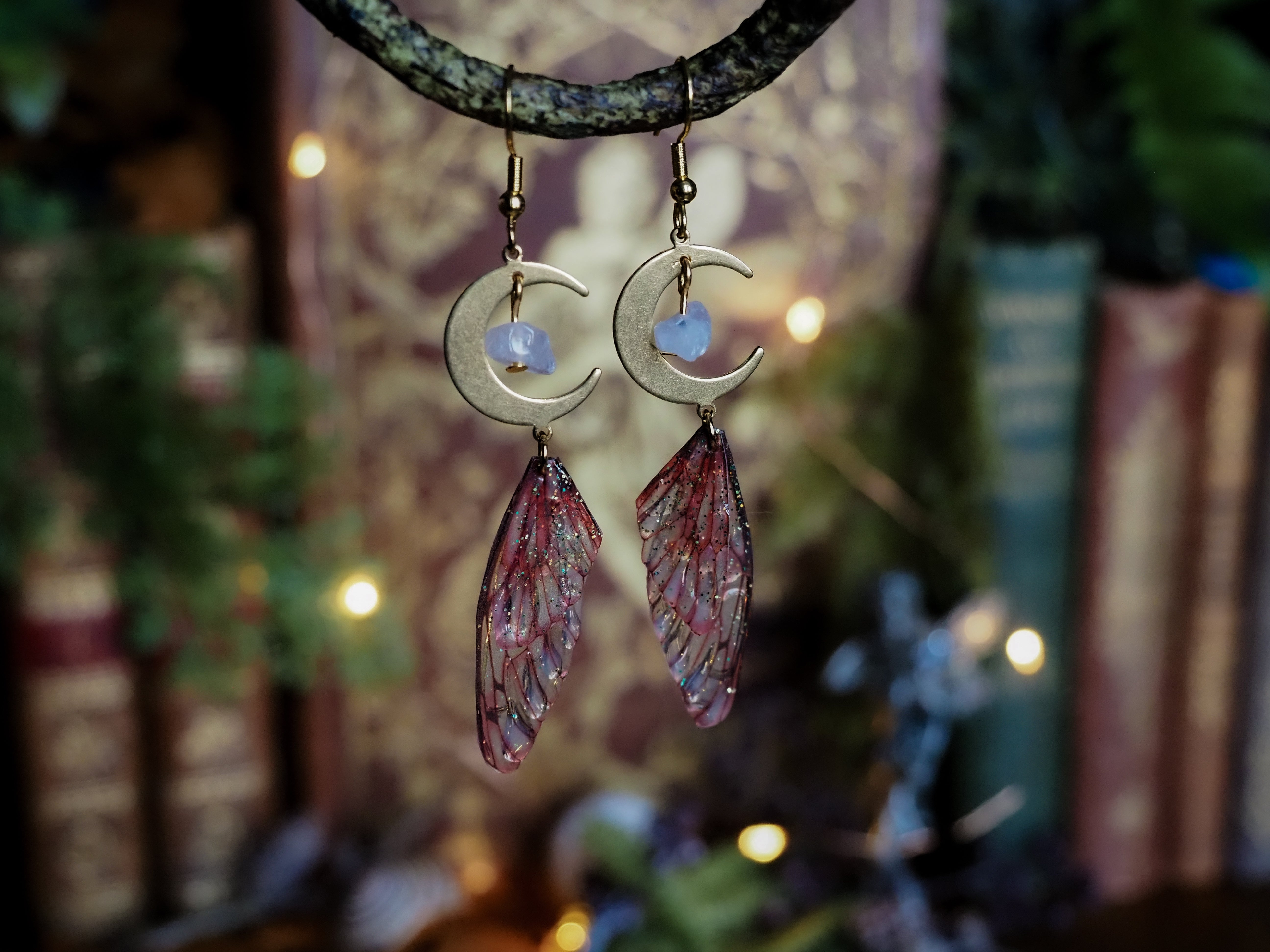 Moon Earrings - pink, gold, rose quartz