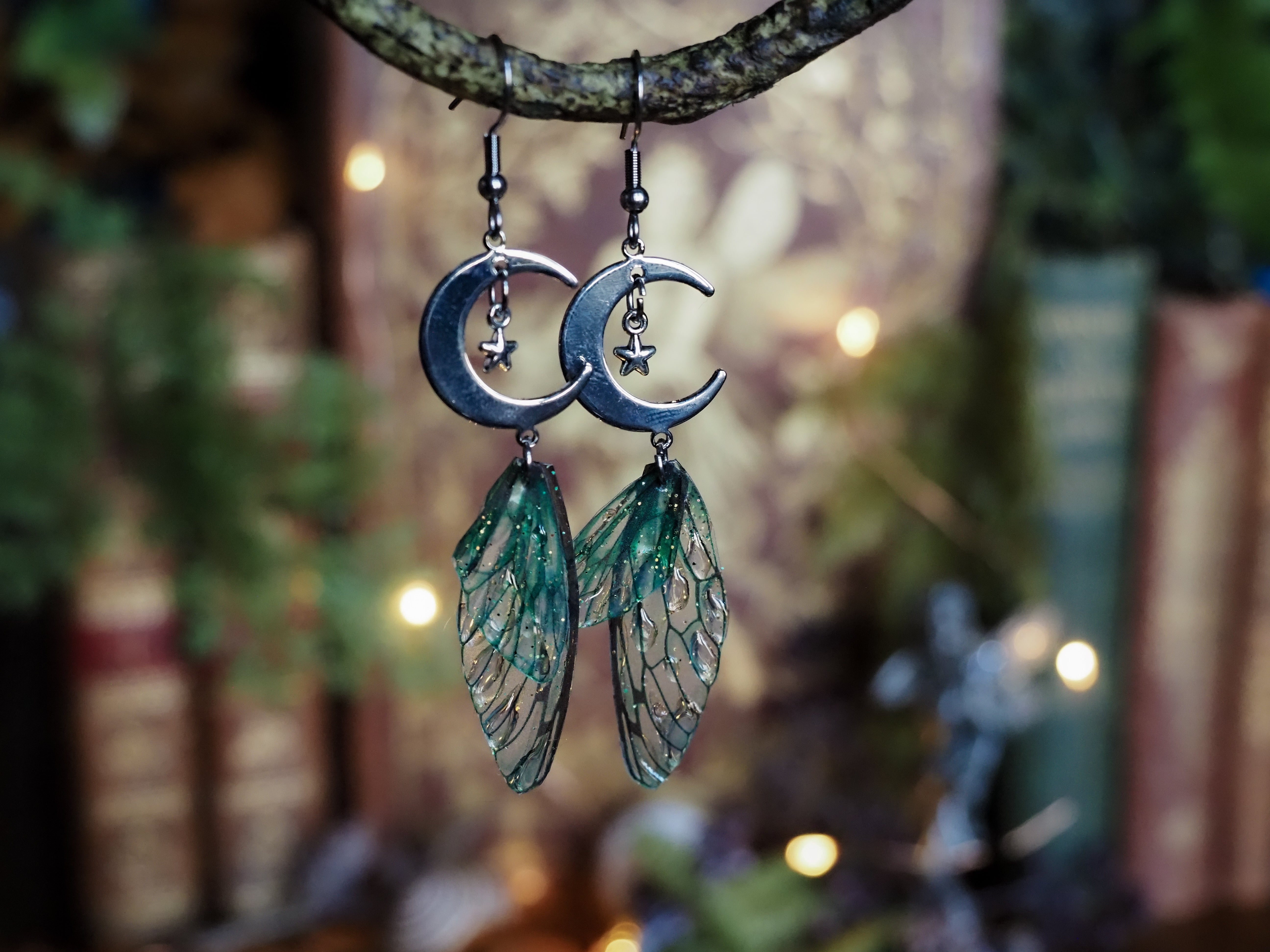 Moon Earrings - emerald, silver, stars