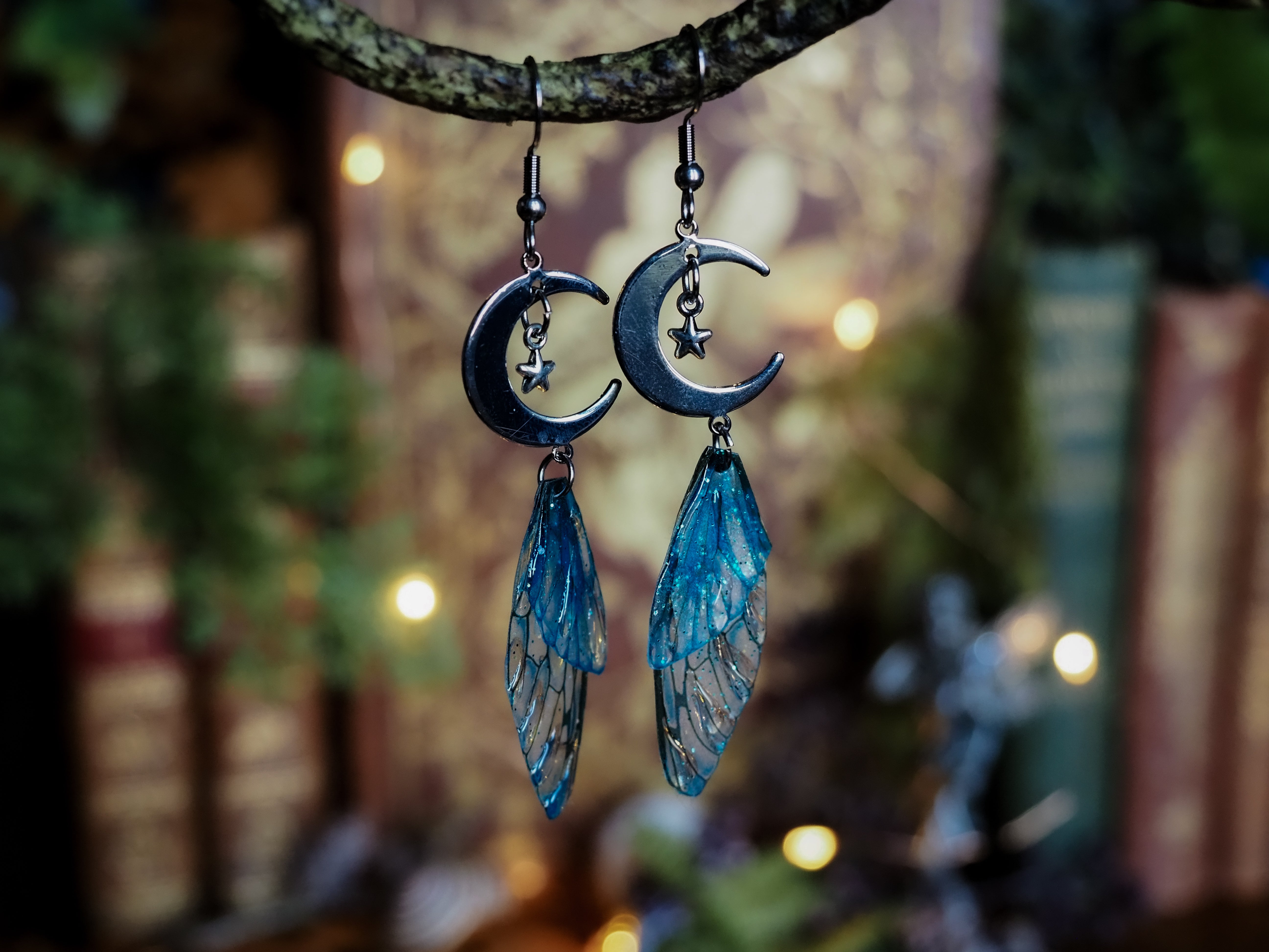 Moon Earrings - blue, silver, stars