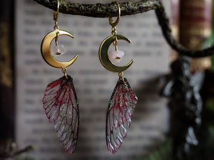 Faerie earrings moon and stars gold, red, rose quartz