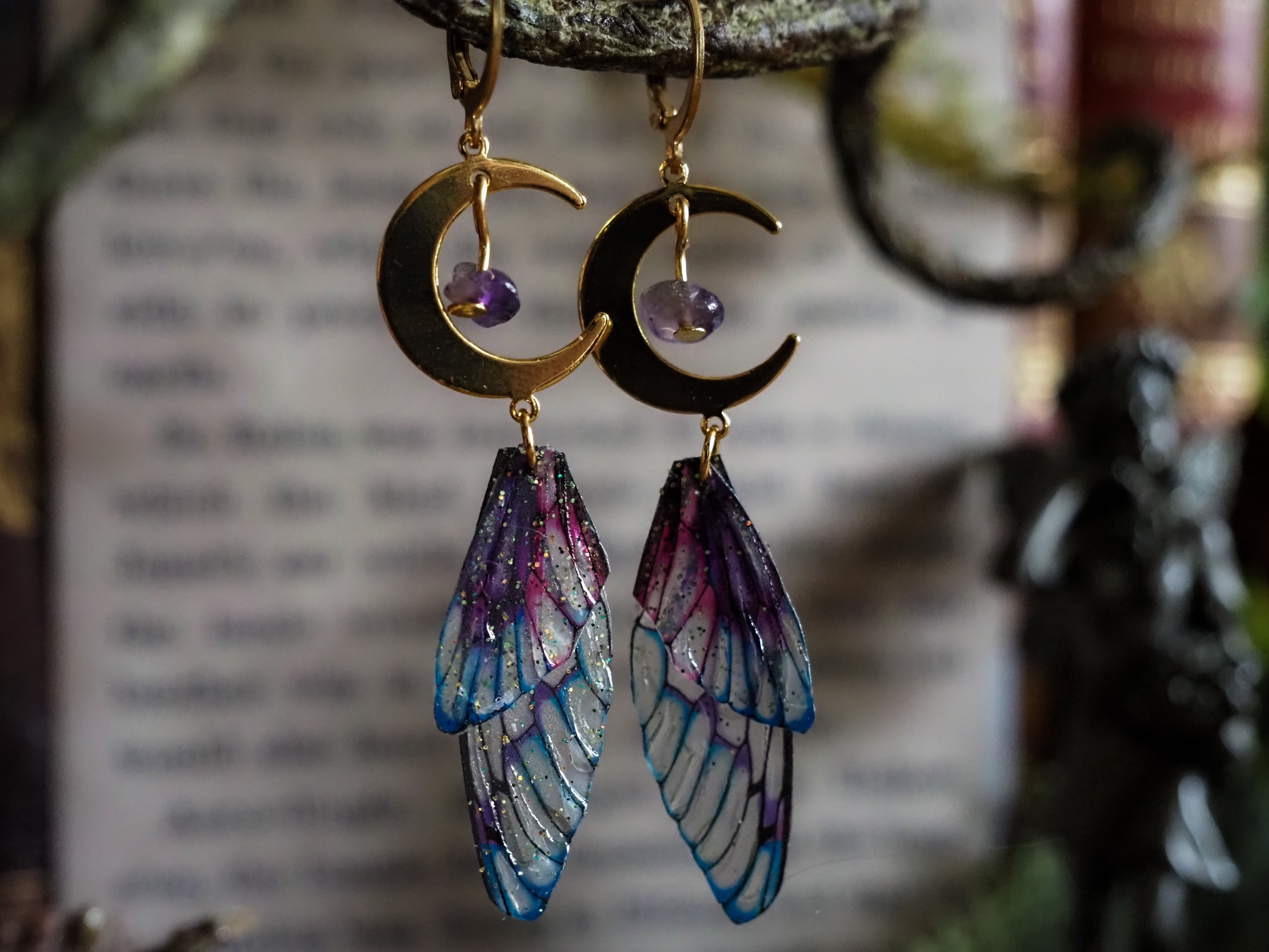 Faerie earrings moon and stars gold, purple glas, amethyst