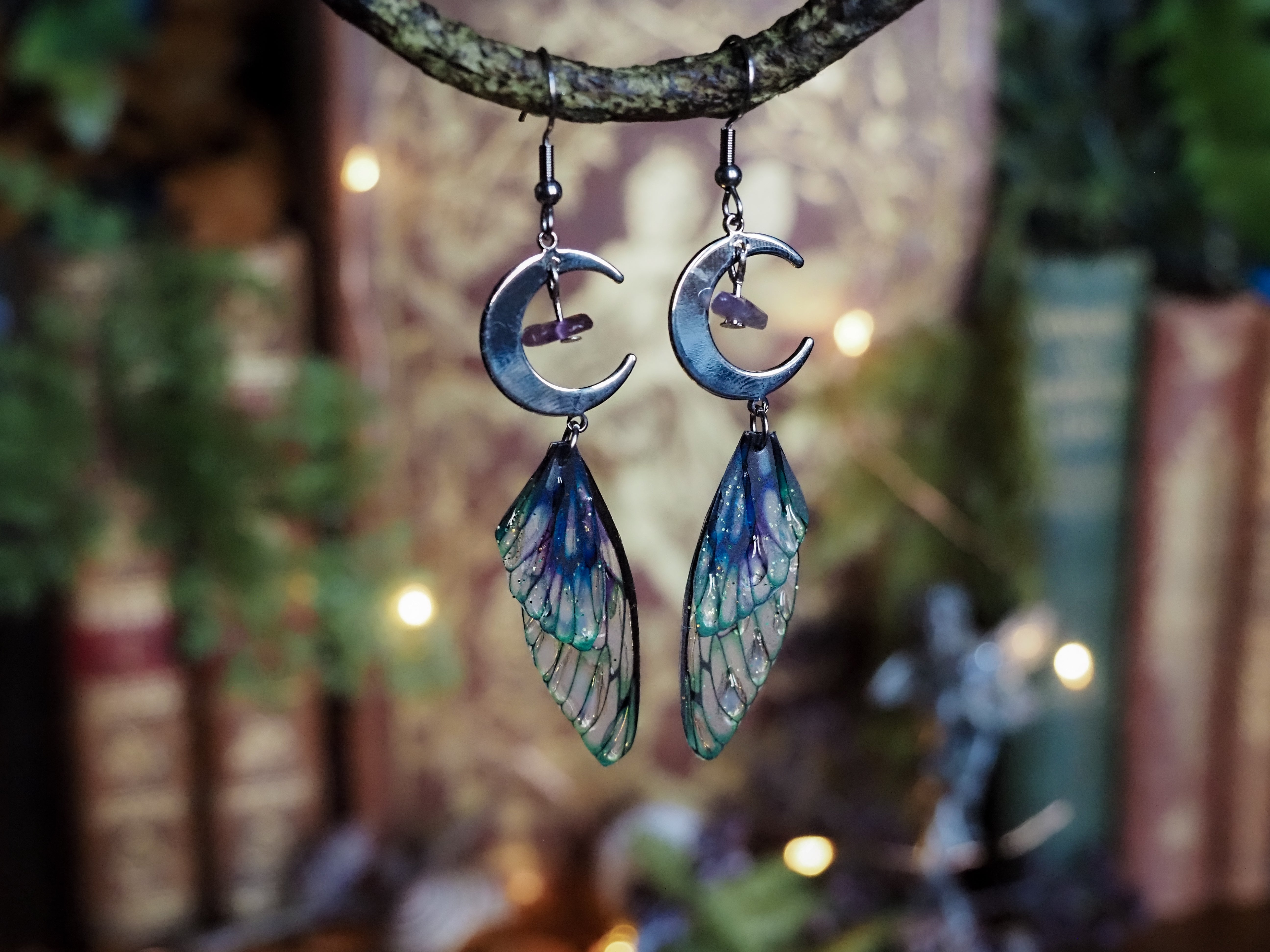 Moon Earrings - kelpie, silver, amethyst