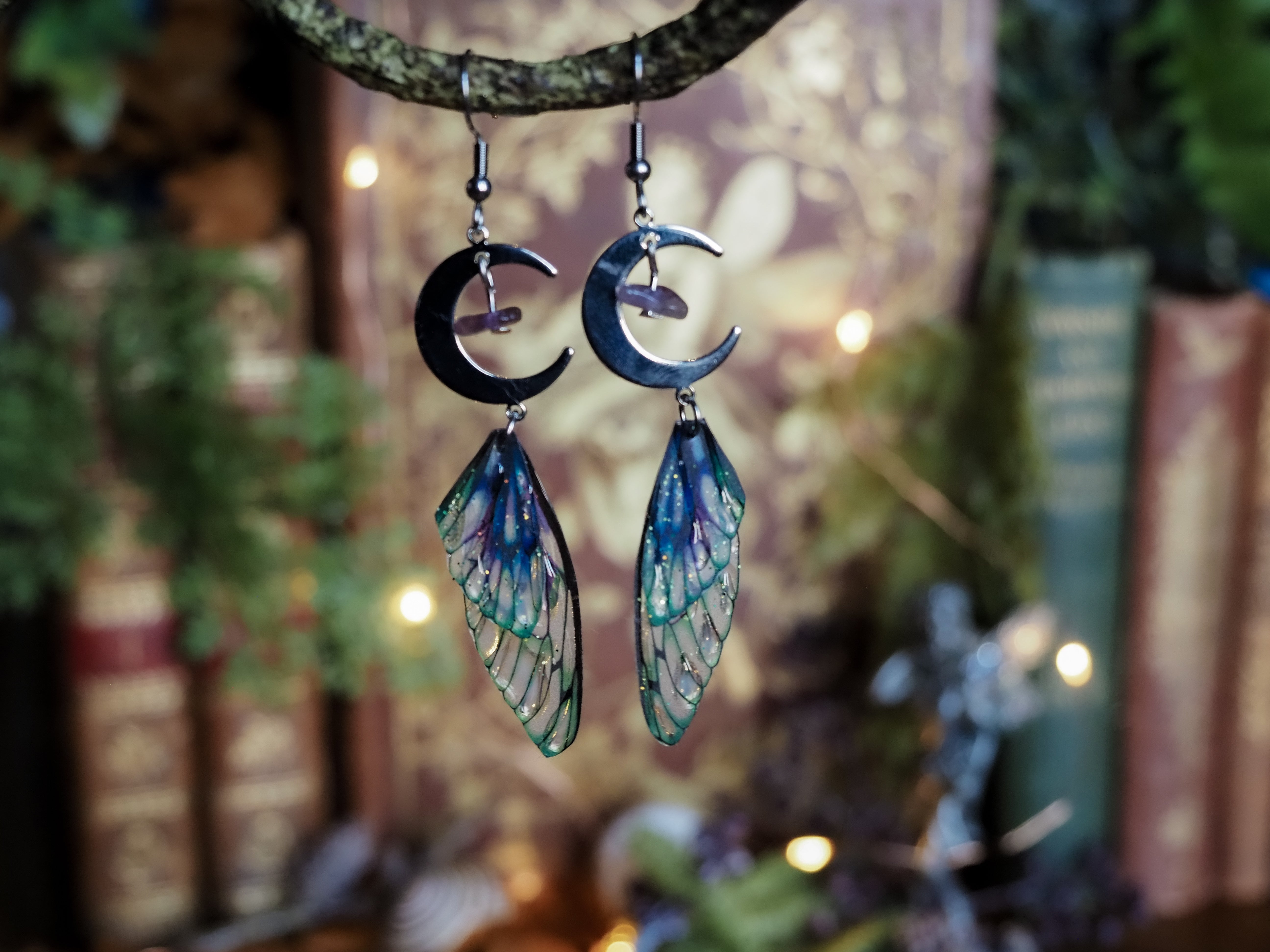 Moon Earrings - kelpie, silver, amethyst