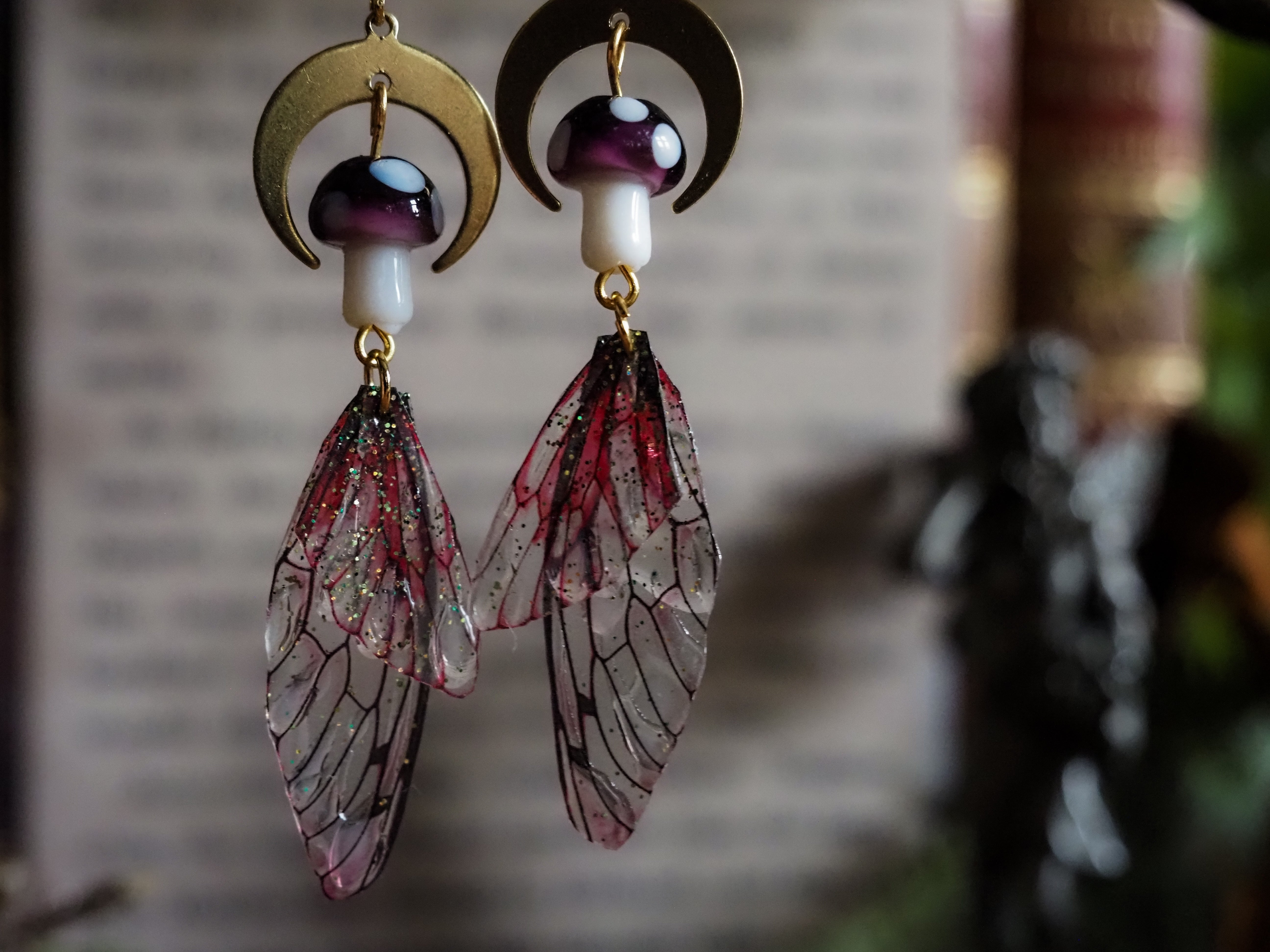 Faerie earrings moon and toadstools gold red