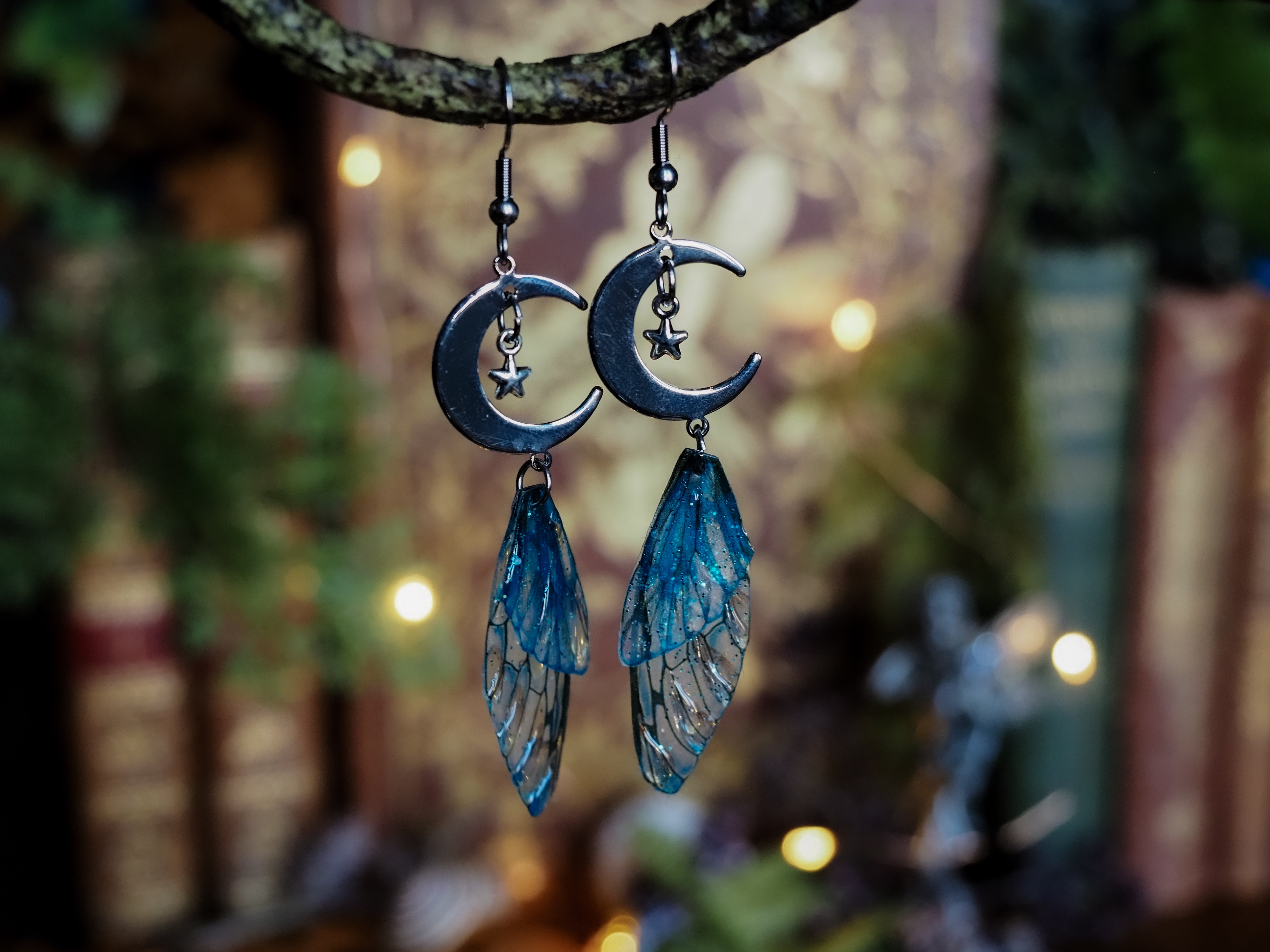 Moon Earrings - blue, silver, stars