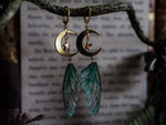 Load image into Gallery viewer, Faerie earrings moon and stars gold emerald

