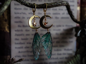 Faerie earrings moon and stars gold emerald
