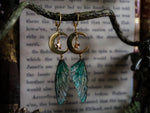 Load image into Gallery viewer, Faerie earrings moon and stars gold emerald
