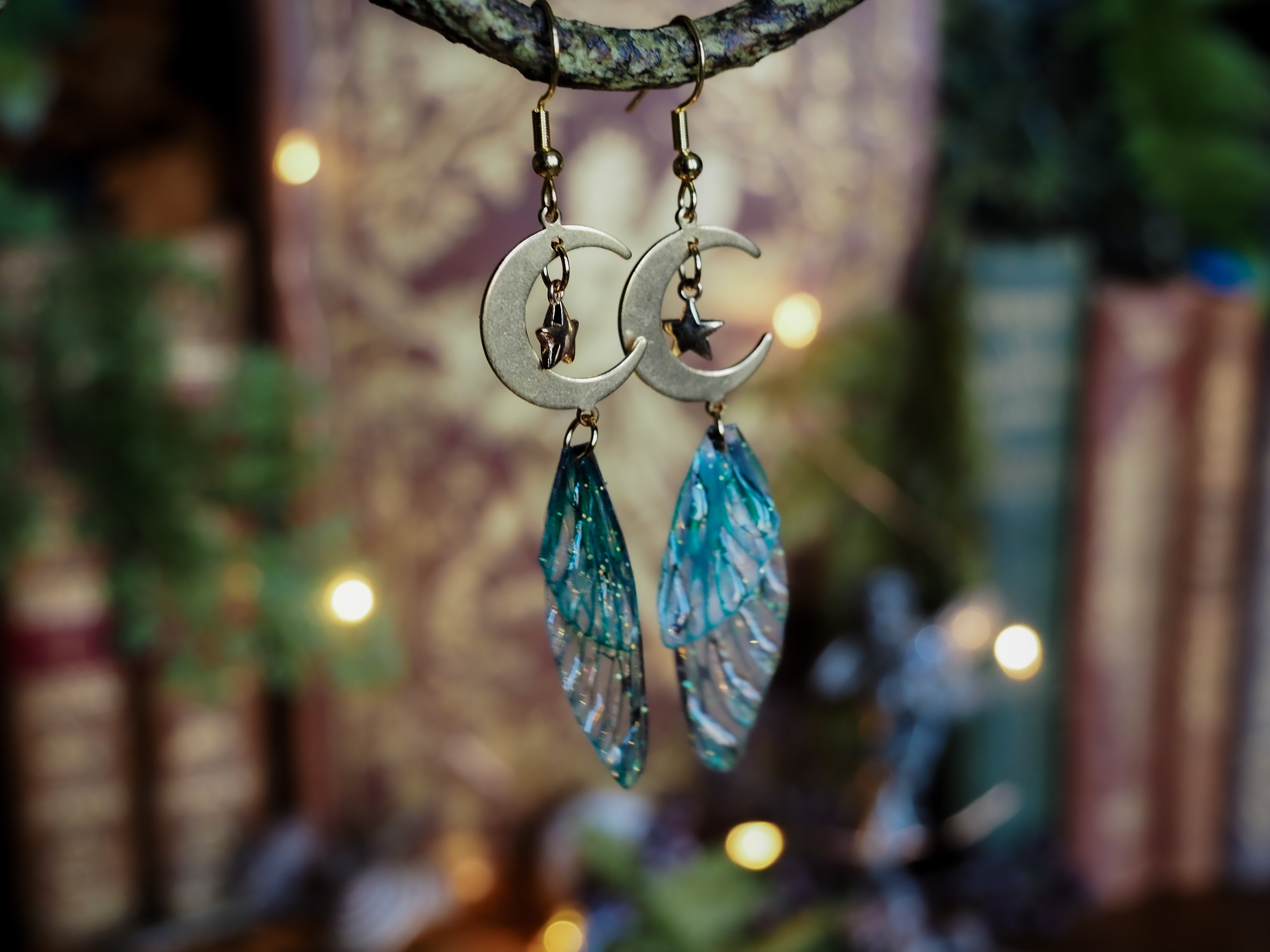 Moon Earrings - emerald, gold, stars