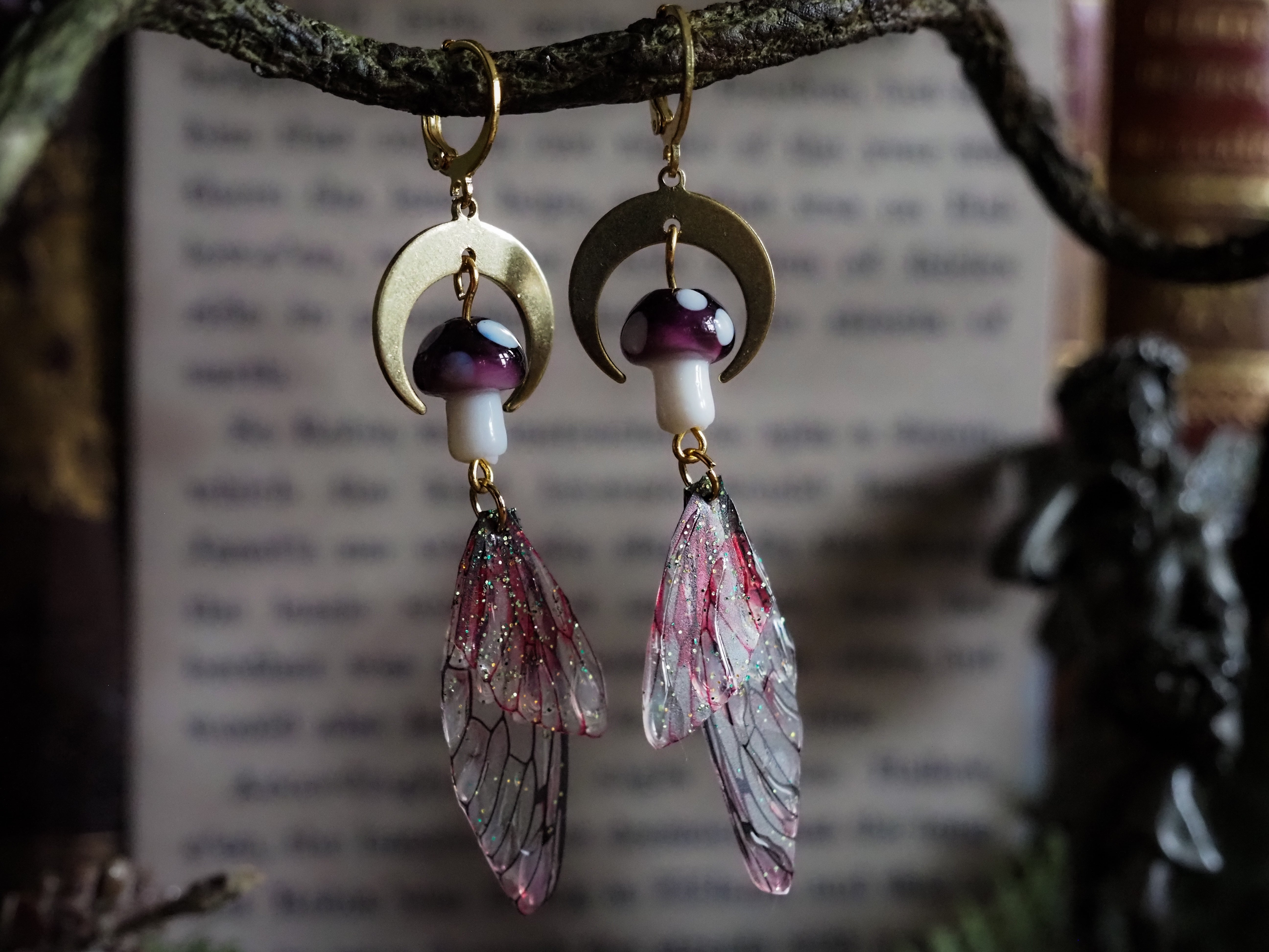 Faerie earrings moon and toadstools gold red