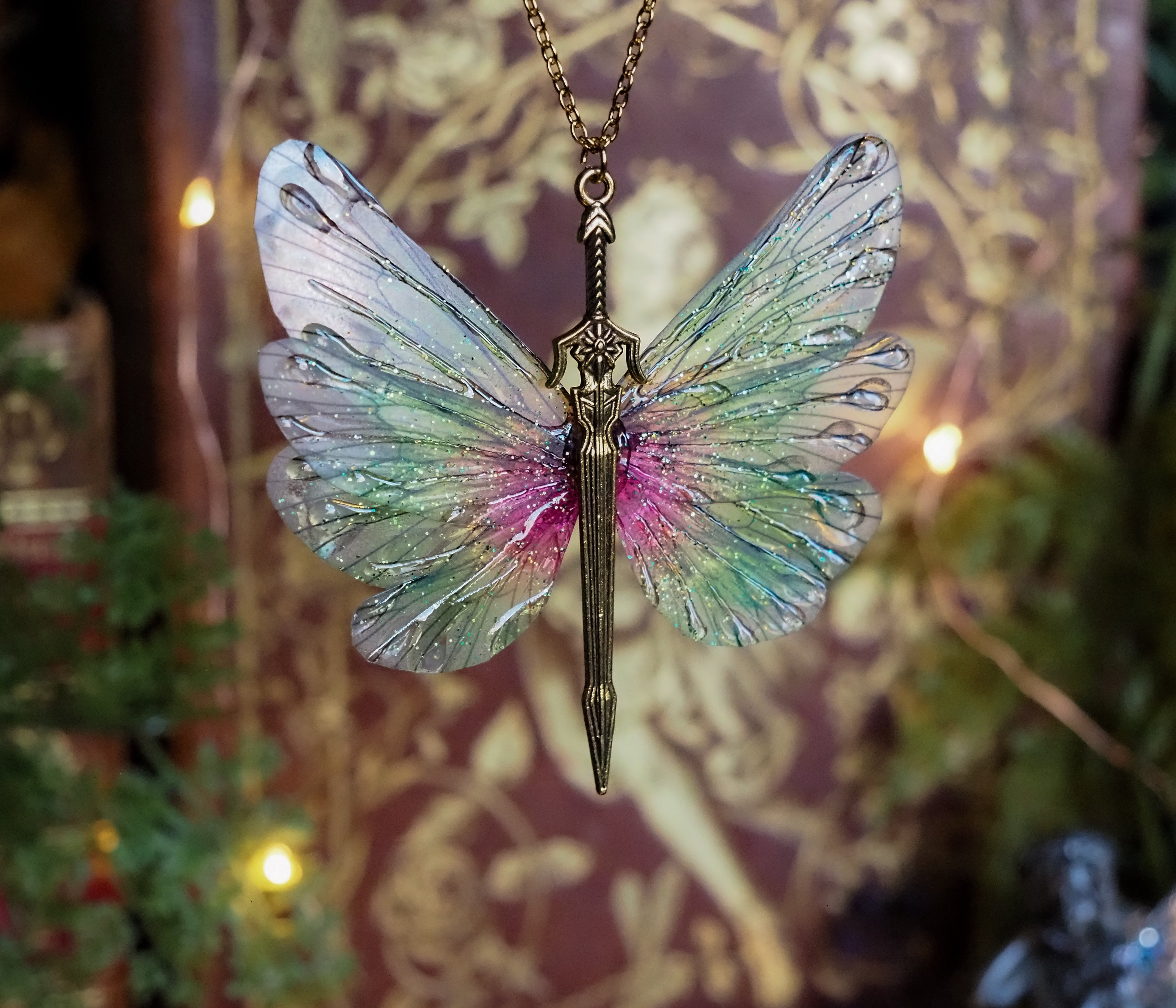 Fae Sword necklace - pink, green, gold