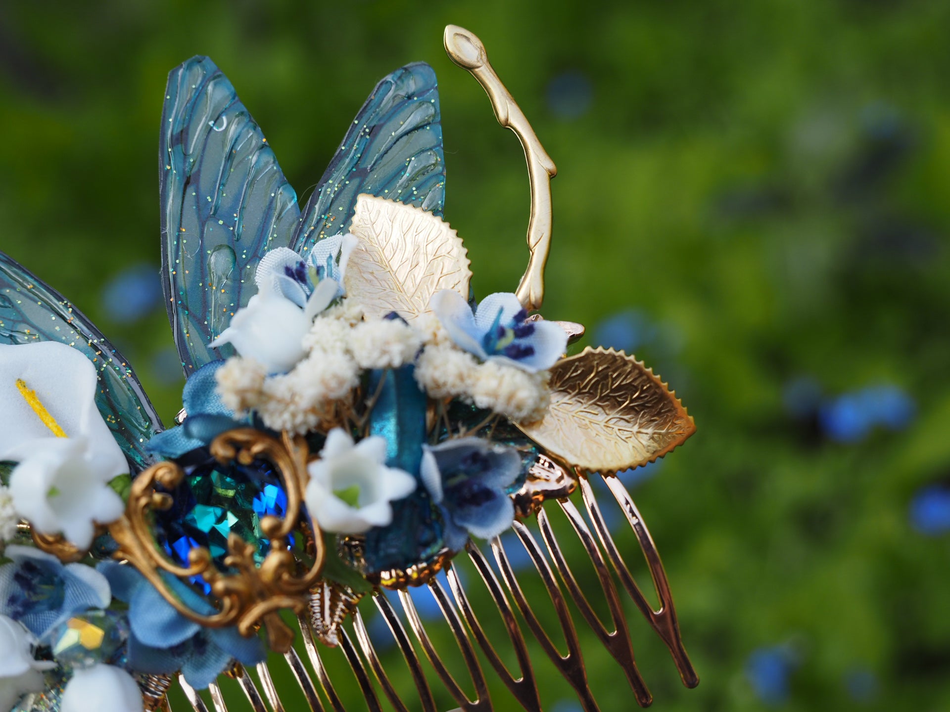 OOAK Blue spring flower comb
